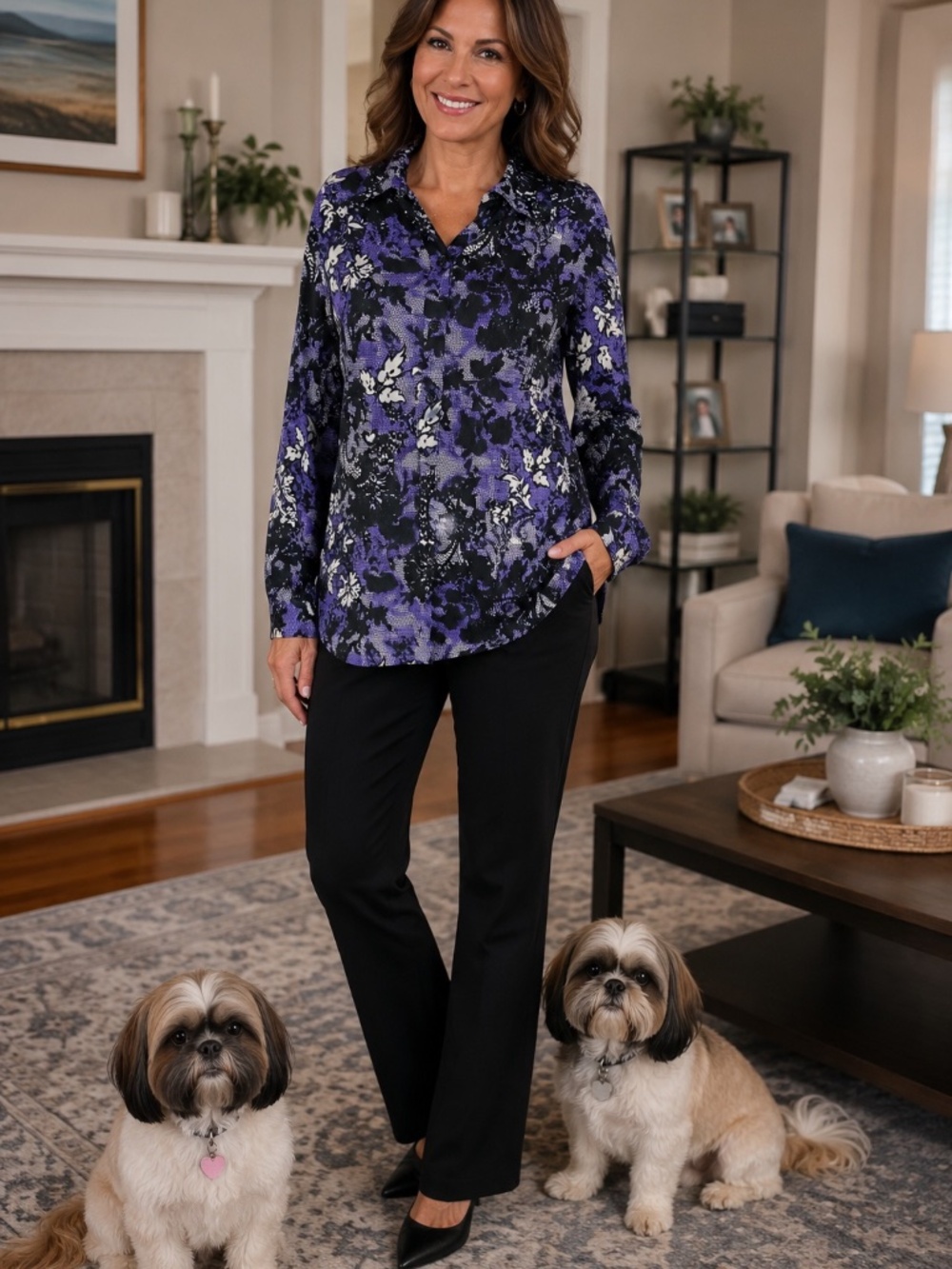 Joan Rivers Size Medium Purple Black Floral Print Button Front Blouse